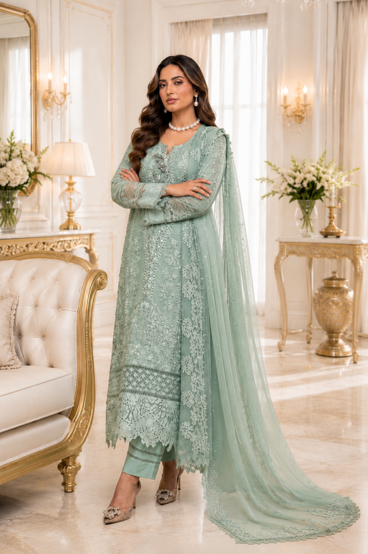 (155) Munira Premium Lawn Suit | Beaded Sequin Embroidery & Chiffon Dupatta