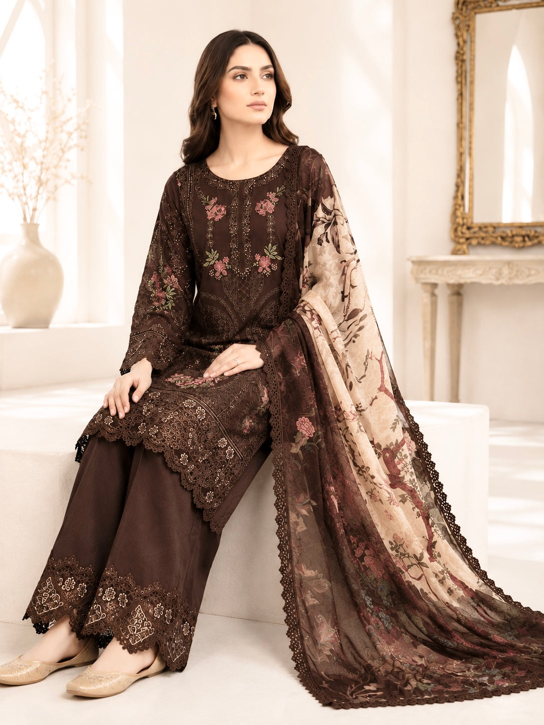 (31) Imrozia/serene noor e zahra cotton embroidered sequin floral lace embroidered plazzo trousers contrast silk dupatta ready to wear