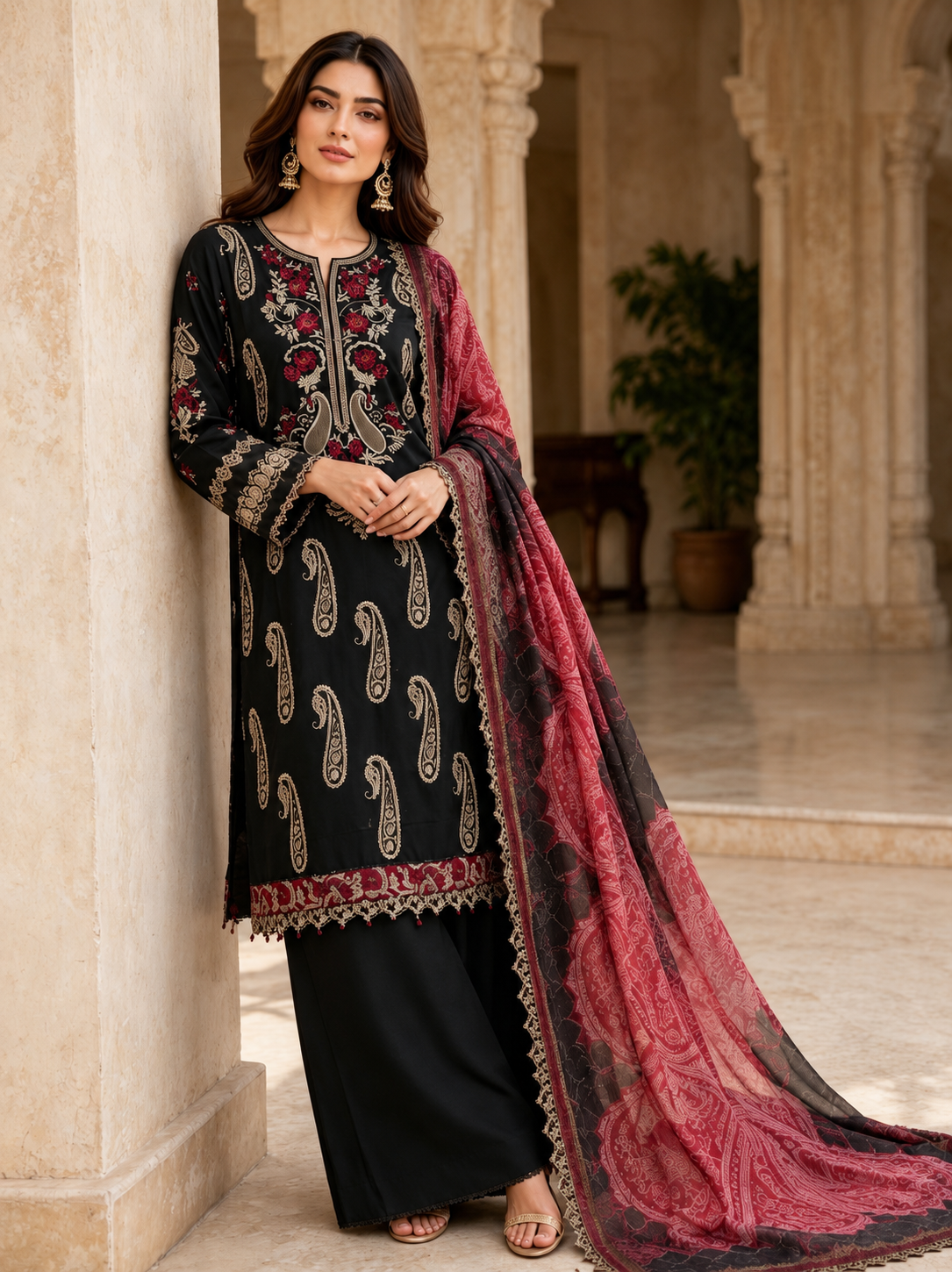 (4) Rangreza pret lawn beautifully thread embroidered lace trim contrast chiffon duppatta plazzo trousers pearl beaded cuff arms ready to wear