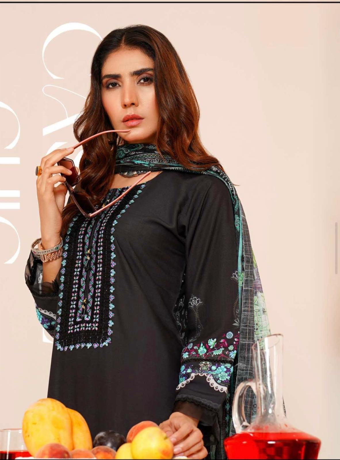 (239) Linen Pakistani Elegantly Embroidered Three-Piece Ready Made Suit