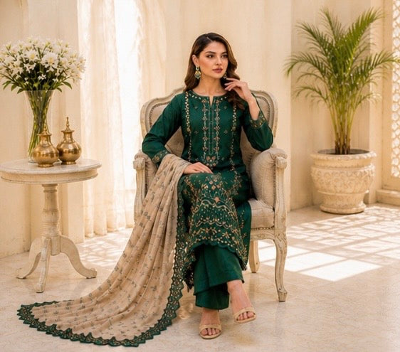 (174) Tawakkal Embroidered Sequin Silky Lawn Suit with Khaddi Dupatta