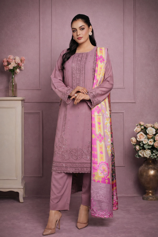 (167) Luxury Pakistani Dhanak Embroidered Suit & Digital Printed Shawl