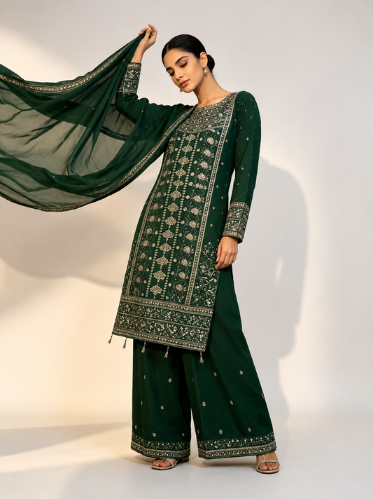 (160) elegant dark green elegant gold embroidered chiffon fully lined detailed plazzo ready to wear