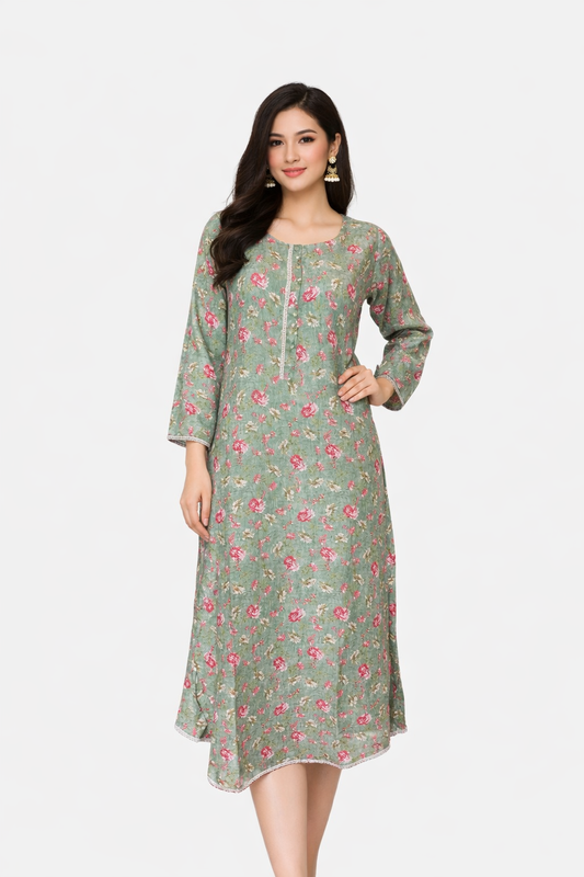 (272) Badal Summer Green Flared Printed Dress with Lace Trim – One Size