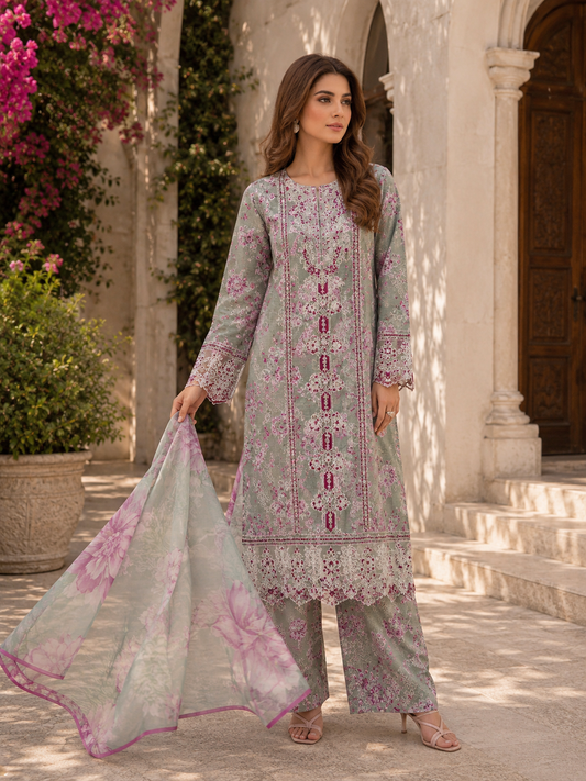 (206) Adans libas lawn printed floral lace embroidered printed trousers voile lawn dupatta ready to wear