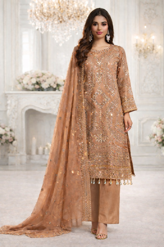 (302) Luxury Sequined Chiffon Suit | Diamante Neck & Dupatta