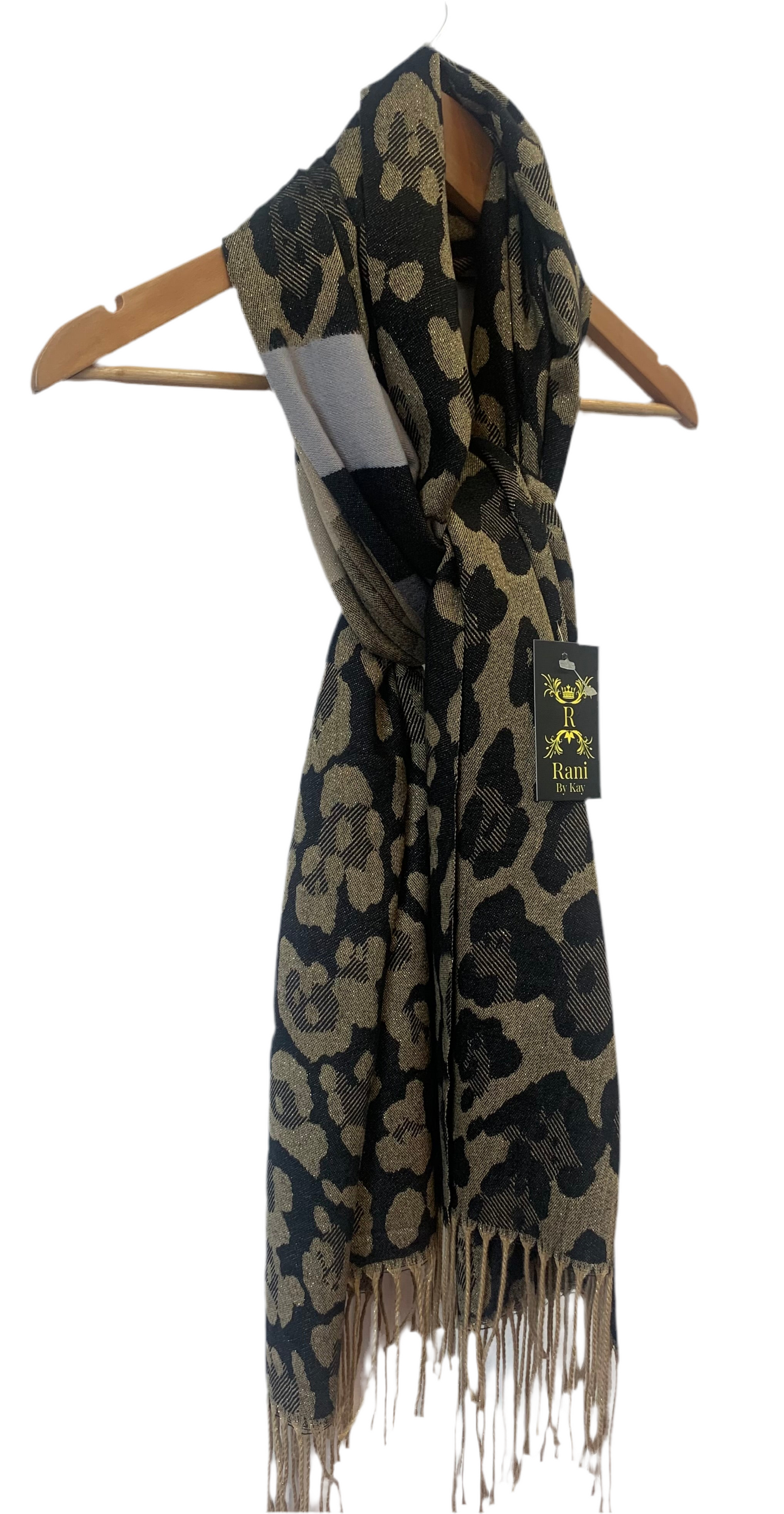 (12) Woolley leopard tassel shimmer printed winter thick scarf 27” wide length 73”