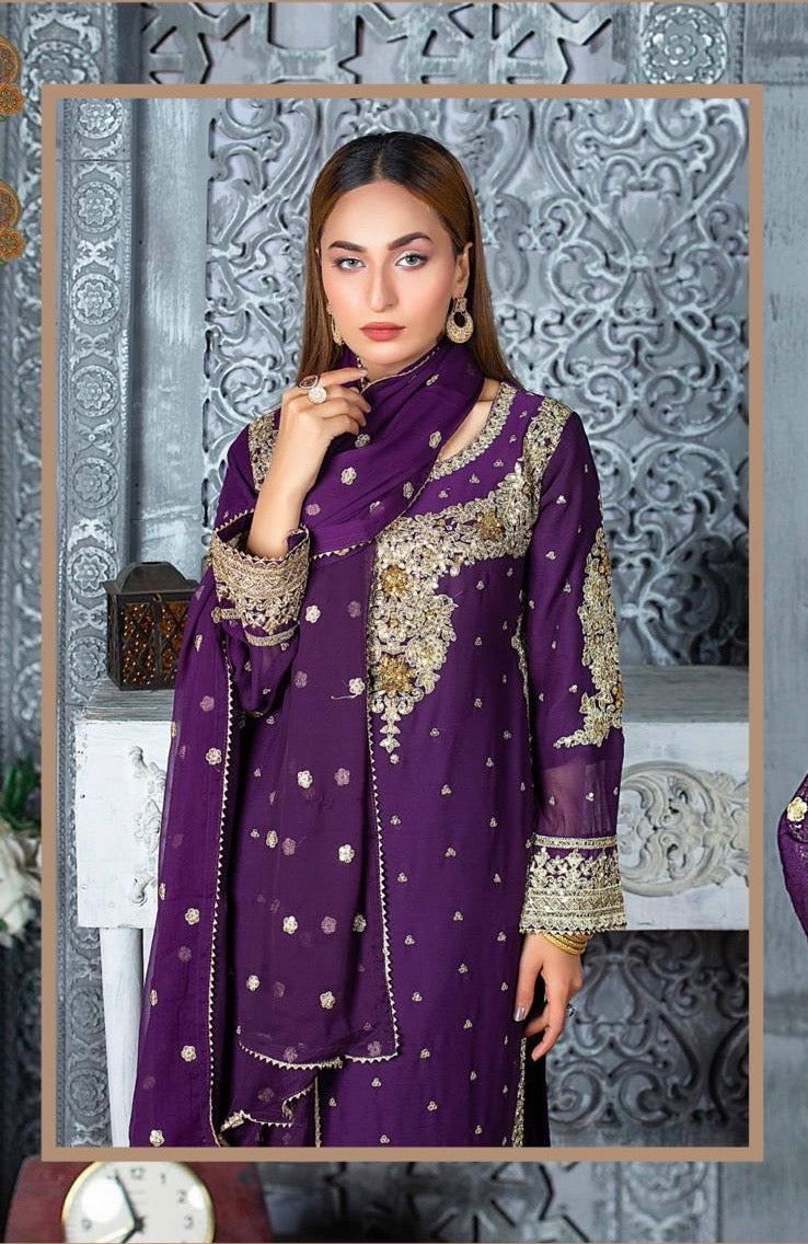 (70) Crinkle Chiffon Palazzo Suit – Embroidered Elegance with Chiffon Dupatta | Ready-to-Wear