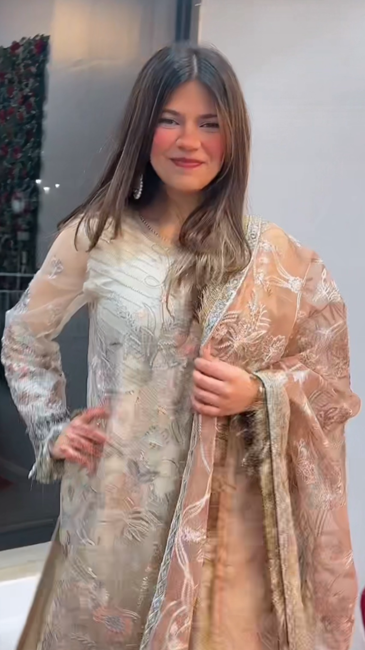 (67) Pakistani Pink & Cream Embroidered Chiffon Suit with Contrasting Dupatta