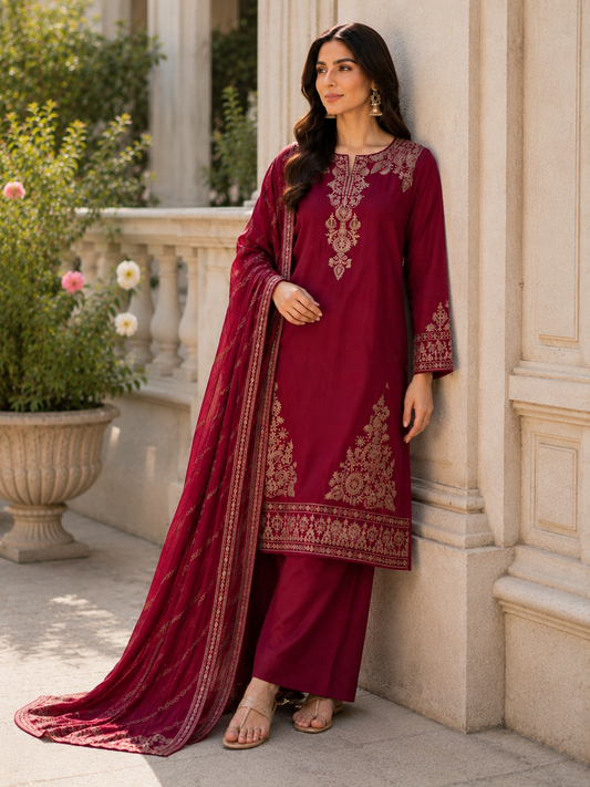 (6) Silky Viscose maroon Suit thread Embroidered fancy Dupatta ready to wear