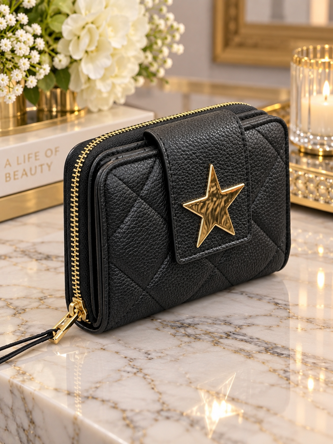 (353) Elegant black quilted purse featuring a statement gold star detail and matching gold ziip Stylish, compact and perfect for everyday use