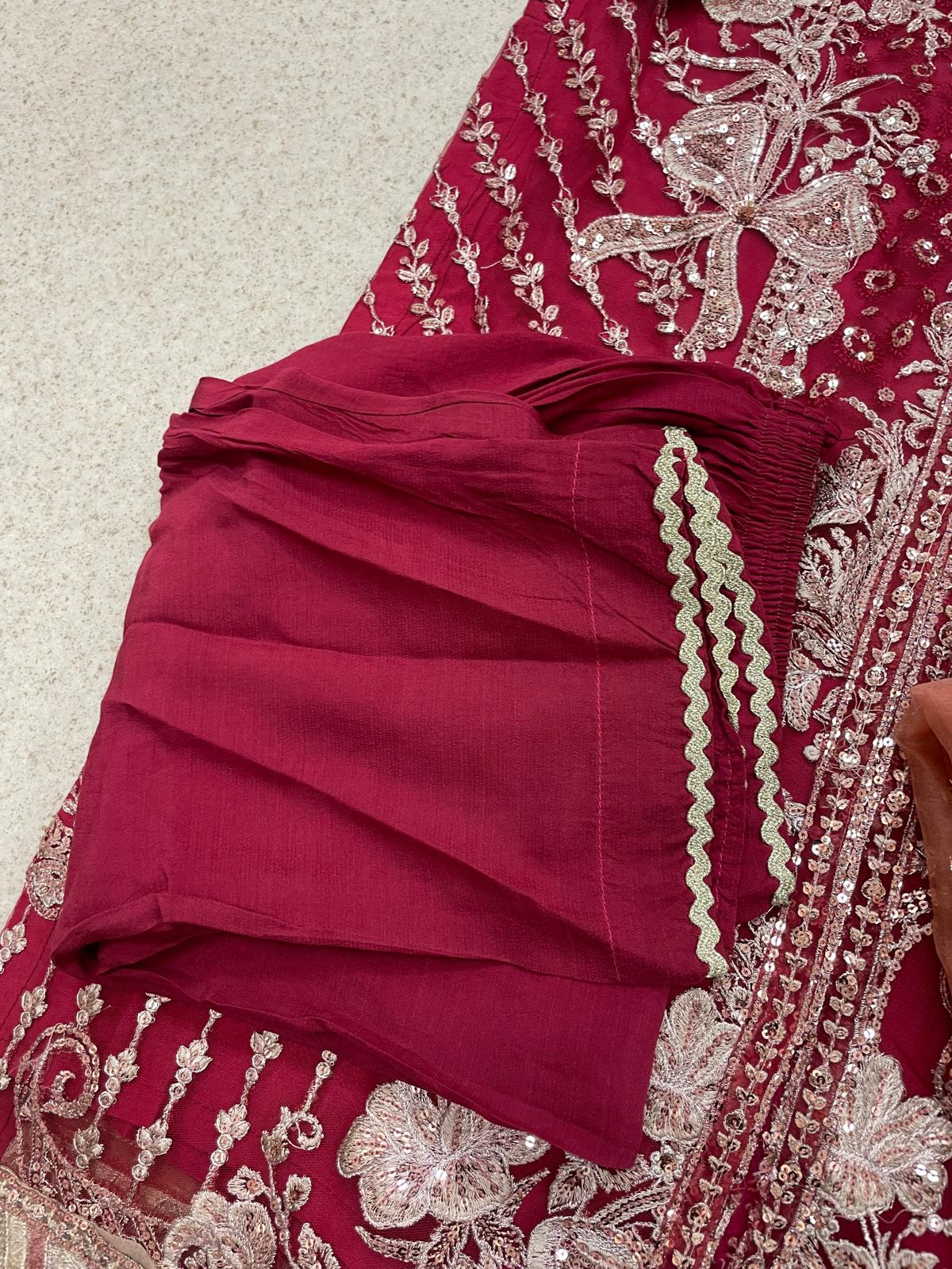 (58) Stunning Pakistani Embroidered Organza Suit in Deep Red &Diamante & Pearls