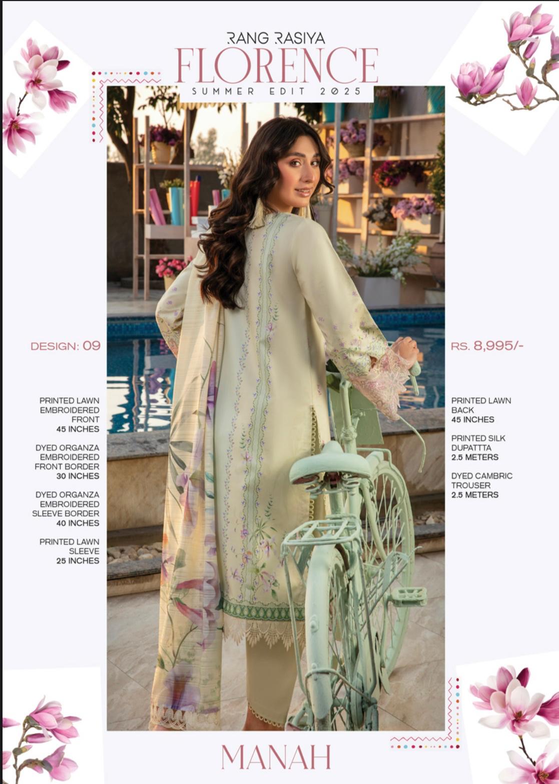 (112) Rang Rasiya Shireen Florence Summer Edit 2025 – Ready-to-Wear Lawn Suit with Printed Silk Dupatta