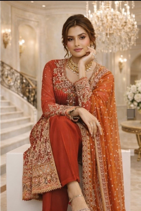 (58) Pakistani Embroidered Organza Suit – Deep Red Diamante & Pearl Party Wear