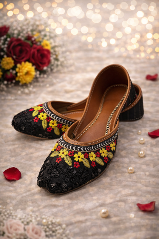 (S11) Handmade Black Embroidered Khussa – Soft Foam Punjabi Jutti with Non-Slip Sole