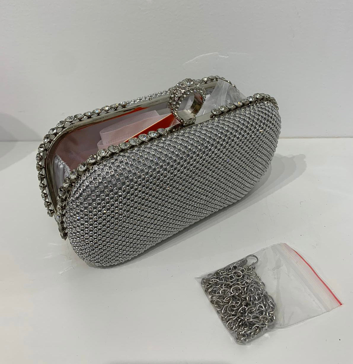 (236) Ladies Round Clutch Bag with Clasp Opening & Long Chain
