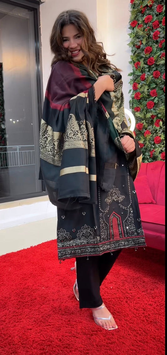(234) Pakistani Dhanak Lace Trim Embroidered Ready-Made Suit With Shawl