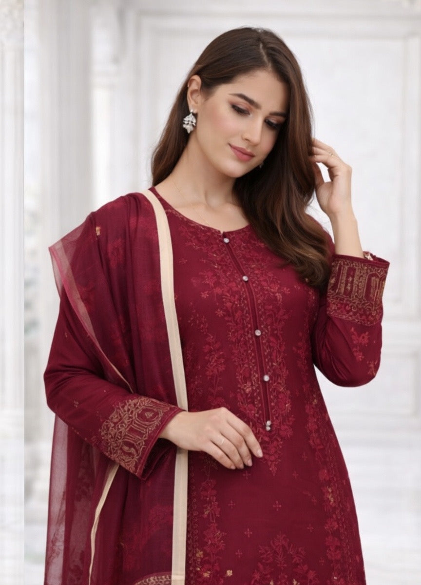 (350) Maroon Chikankari Viscose Suit | Sequin Embroidery | Ready to Wear