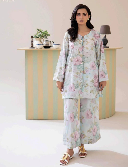 (46) Adan’s schiffli chickankari printed voil lawn shirt lawn trousers co ord set