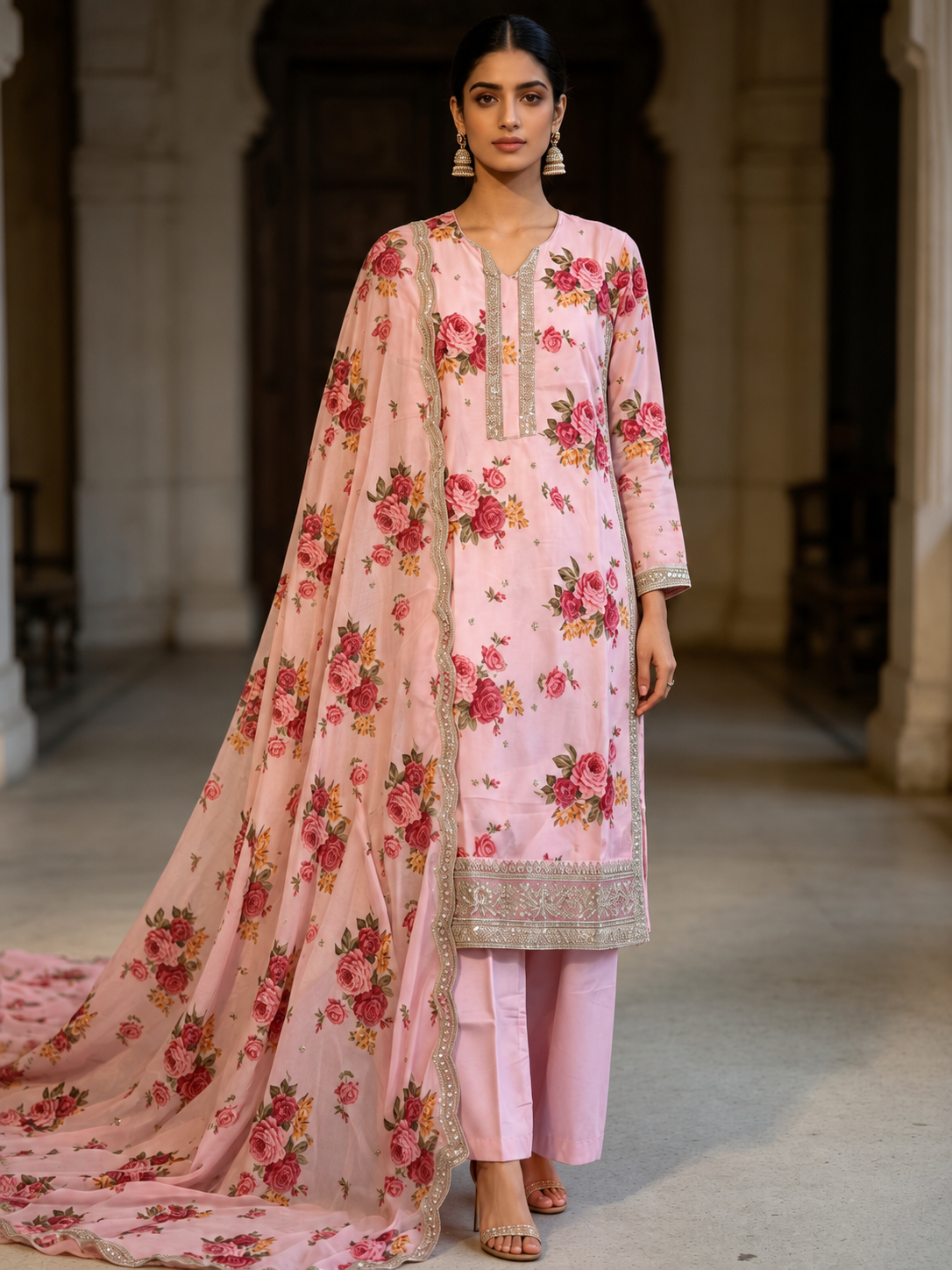 Stunning Floral pink chiffon fully lined kameez gold thread embroidery chiffon duppatta viscose trousers