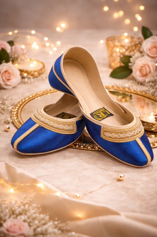 (S35) Handmade Satin Khusa – Gold Embroidered Punjabi Jutti with Soft Foam Comfort