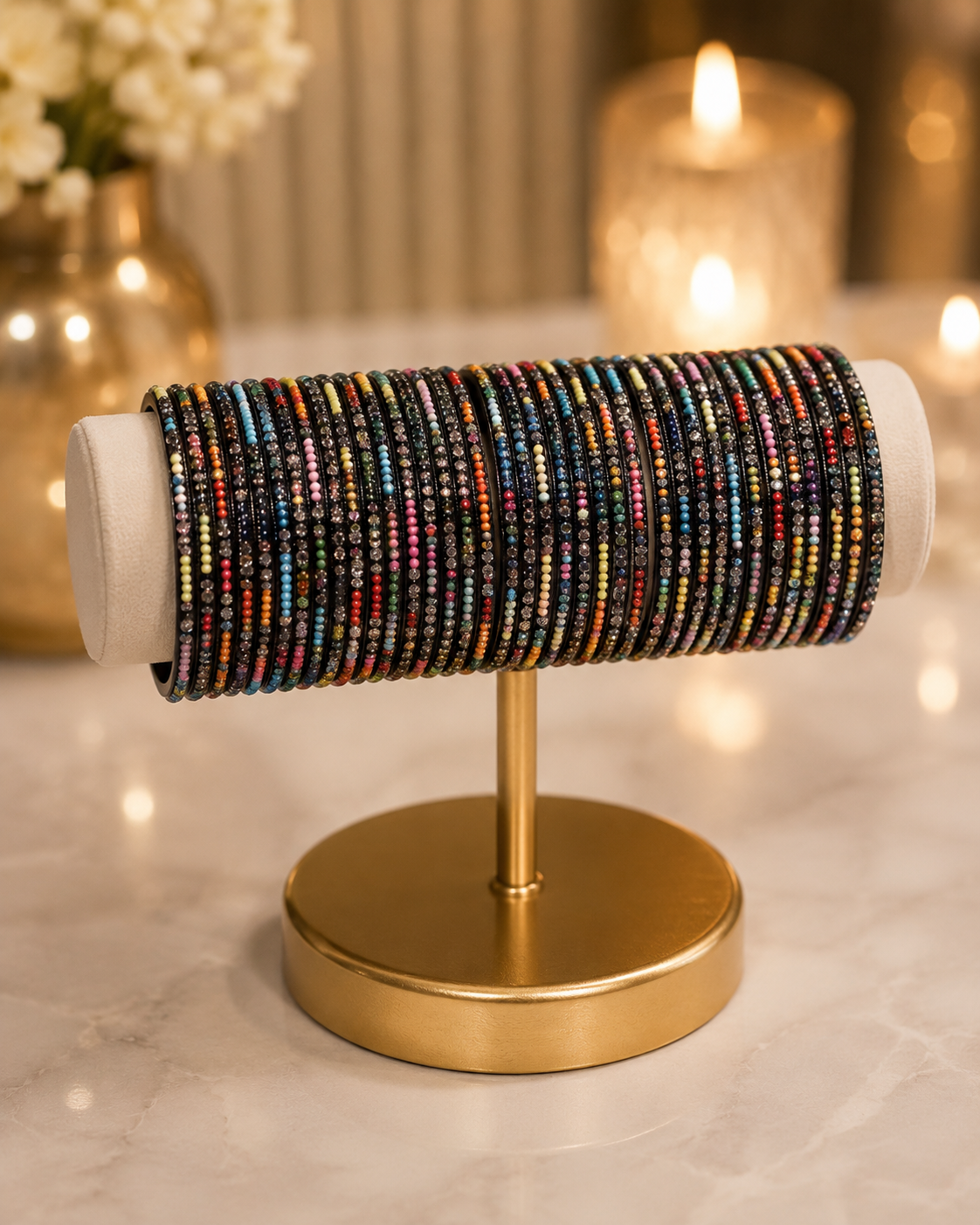 (B13) Elegant multicoloured bangle set featuring delicate beaded detailing and sparkling diamanté accents on a sleek black base perfect for adding colour and sparkle to everyday looks