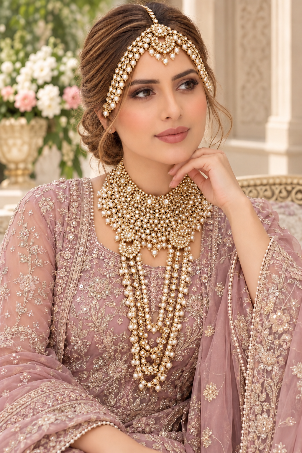 Luxury Pakistani eight piece stone-work wedding jewellery set featuring a choker, long necklace, earrings, tikka, matha patti, nose ring and hand jewellery. Perfect for weddings, parties and special occasions