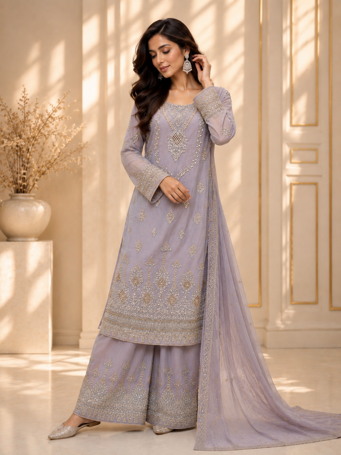 (284) Elegant Chiffon Palazzo Suit | Pearl & Diamante Gold Embroidery