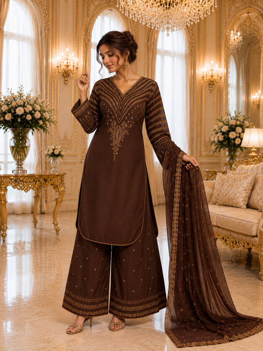 (296) Brown Viscose Palazzo Suit | Gold Thread & Sequin Embroidery