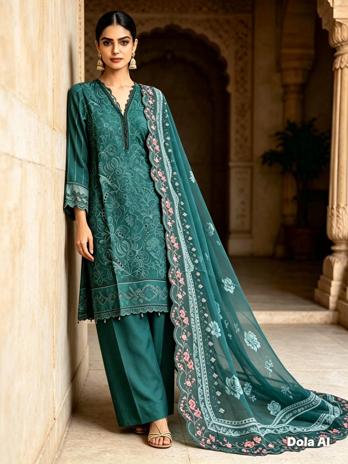 (16) Rangreza pret chicken Kari lace sequin embroidered floral lawn chiffon duppatta plazzo trousers ready to wear