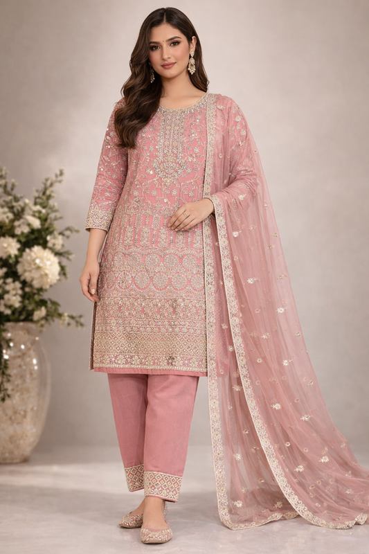 (268) Elegant Organza Kameez with Diamante and Pearl Embellishments Paired with Organza Dupatta