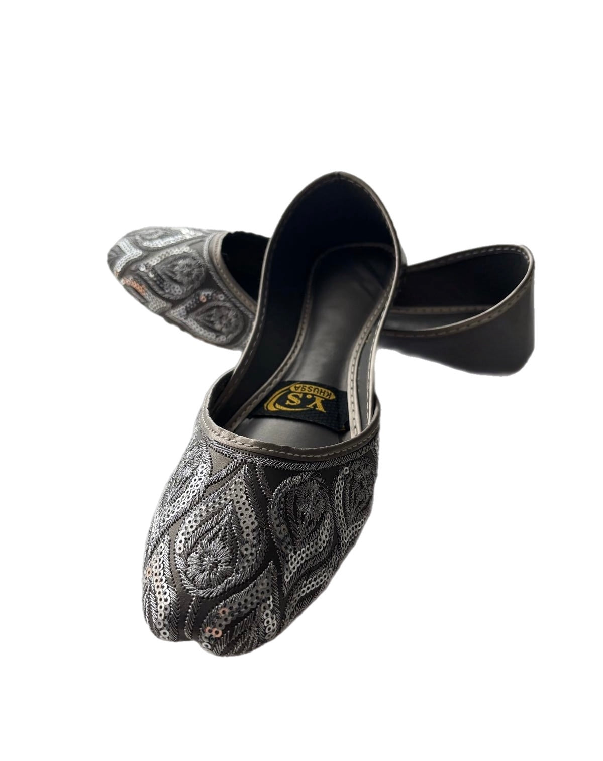 (S22) Handmade Silver Sequin Khussa – Embroidered Punjabi Jutti with Soft Foam & Non-Slip Sole