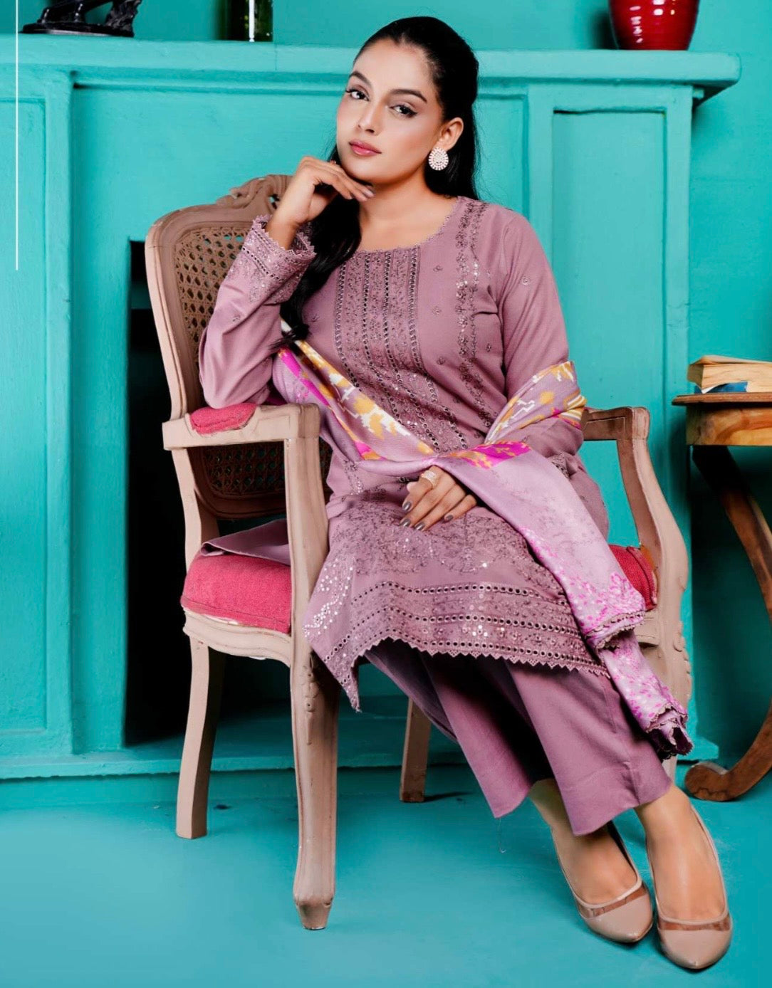 (167) Luxury Pakistani Dhanak Embroidered Suit & Digital Printed Shawl