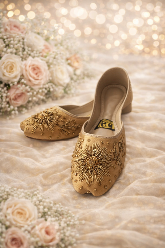 (S33) Handmade Satin Khusa – Gold Embroidered Punjabi Jutti with Soft Foam Comfort