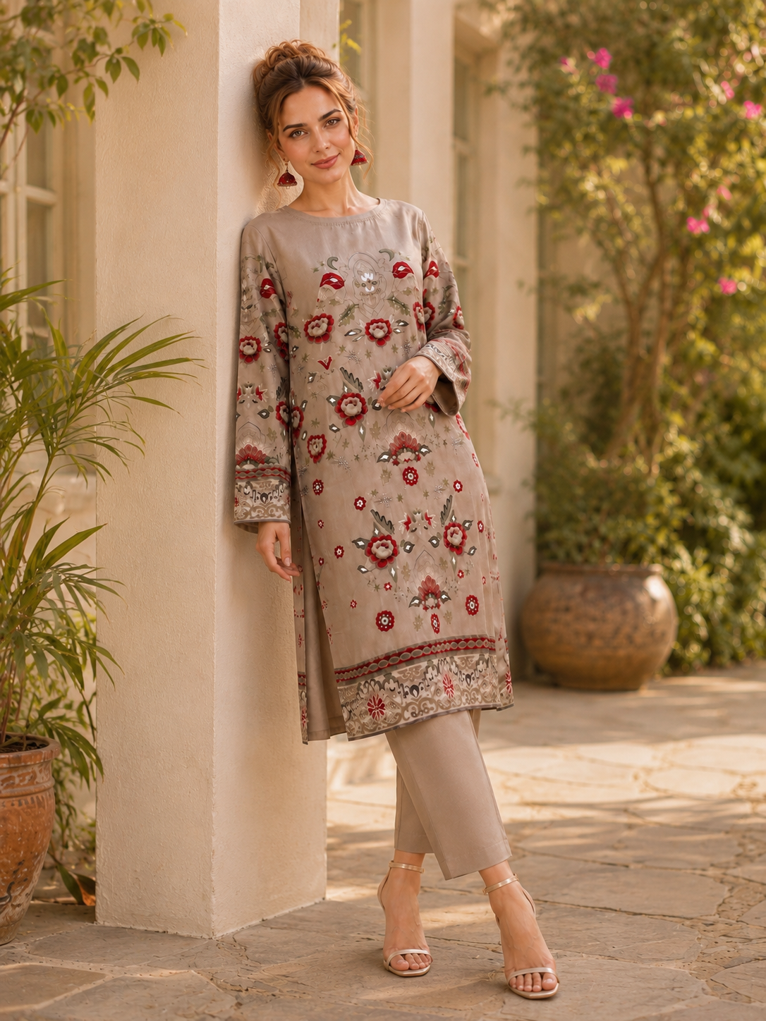 Tawakkal beige printed comfy two peice linen co ord set ready to wear