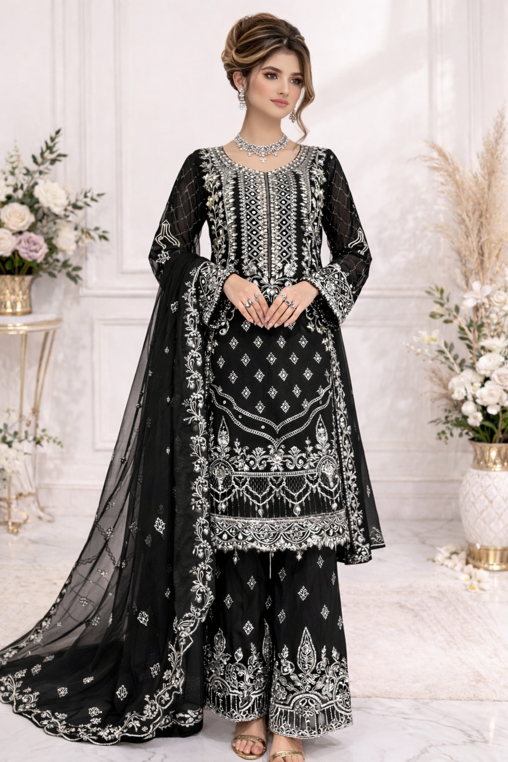 (57) Ramsha Chiffon black Embellished Palazzo Set – Elegant Luxe Look