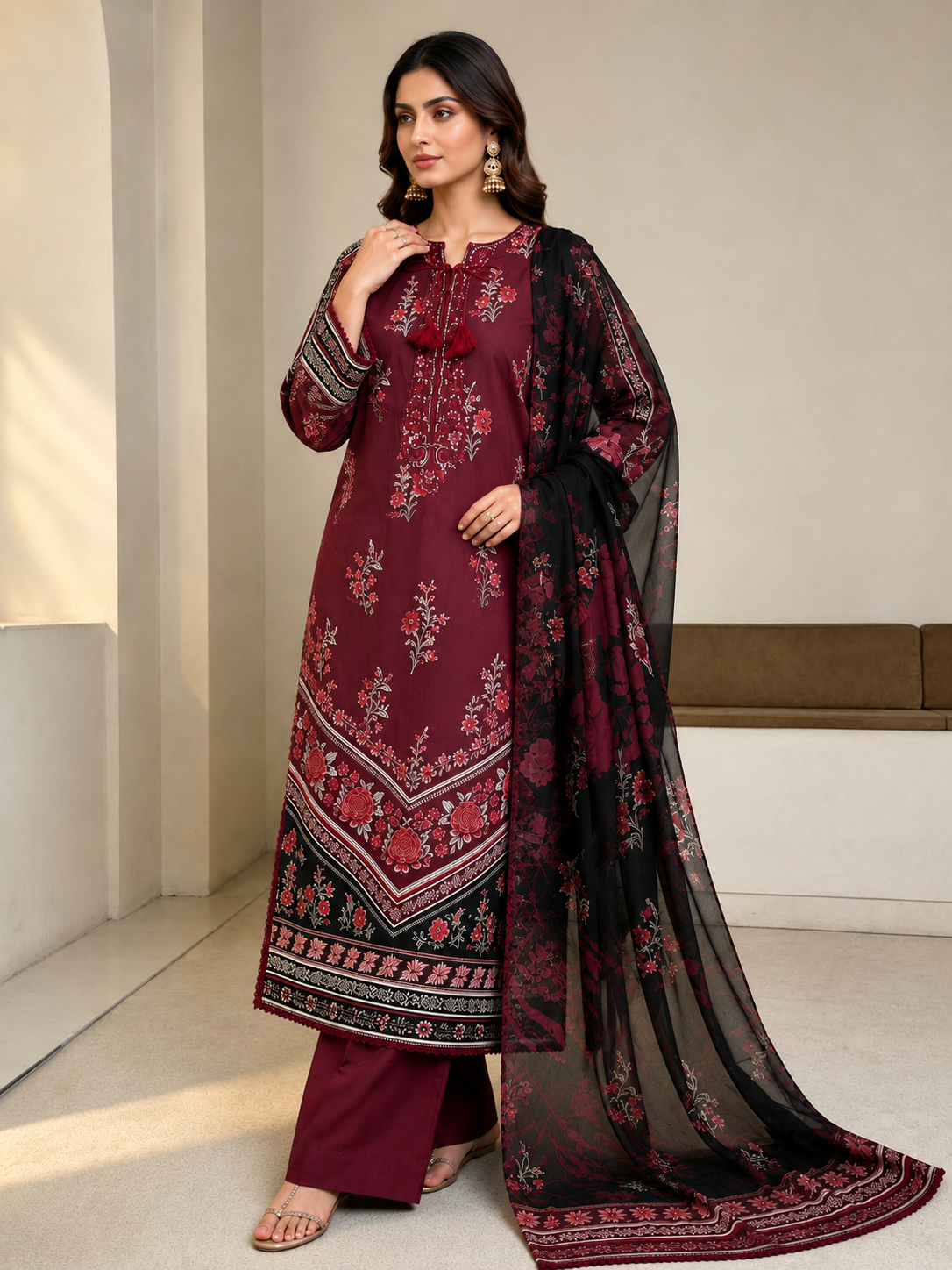 (24) Imrozia/serene dahlia elegant lawn kameez sequin floral thread embroidered neck tassel tie plazzo trousers contrast silk duppatta