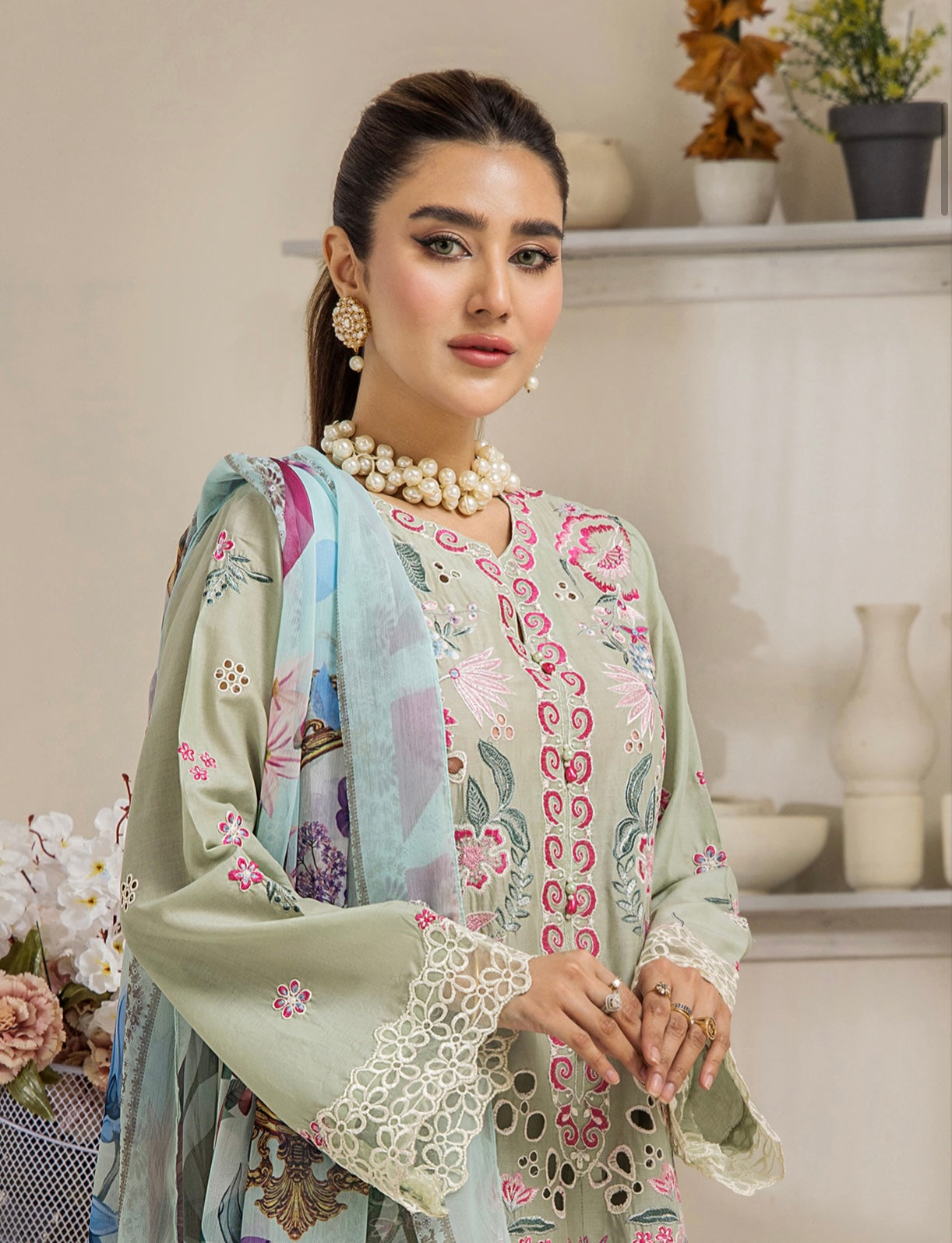(297) Mayra Enchanted Moss Ready-to-Wear Lawn Shirt with Cotton Trousers & Printed Chiffon Dupatta