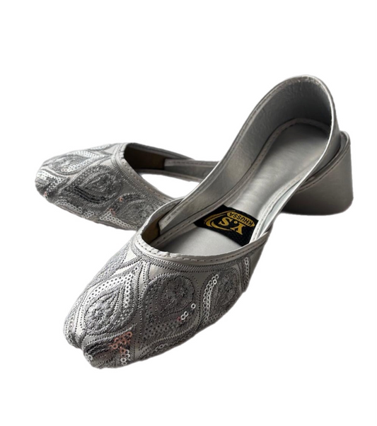 (S21) hand made Khussa grey sequin embroidered soft foam non slip Punjabi jutti