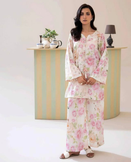 (36) Adan’s schiffli floral chickankari printed voil lawn shirt lawn trousers co ord set