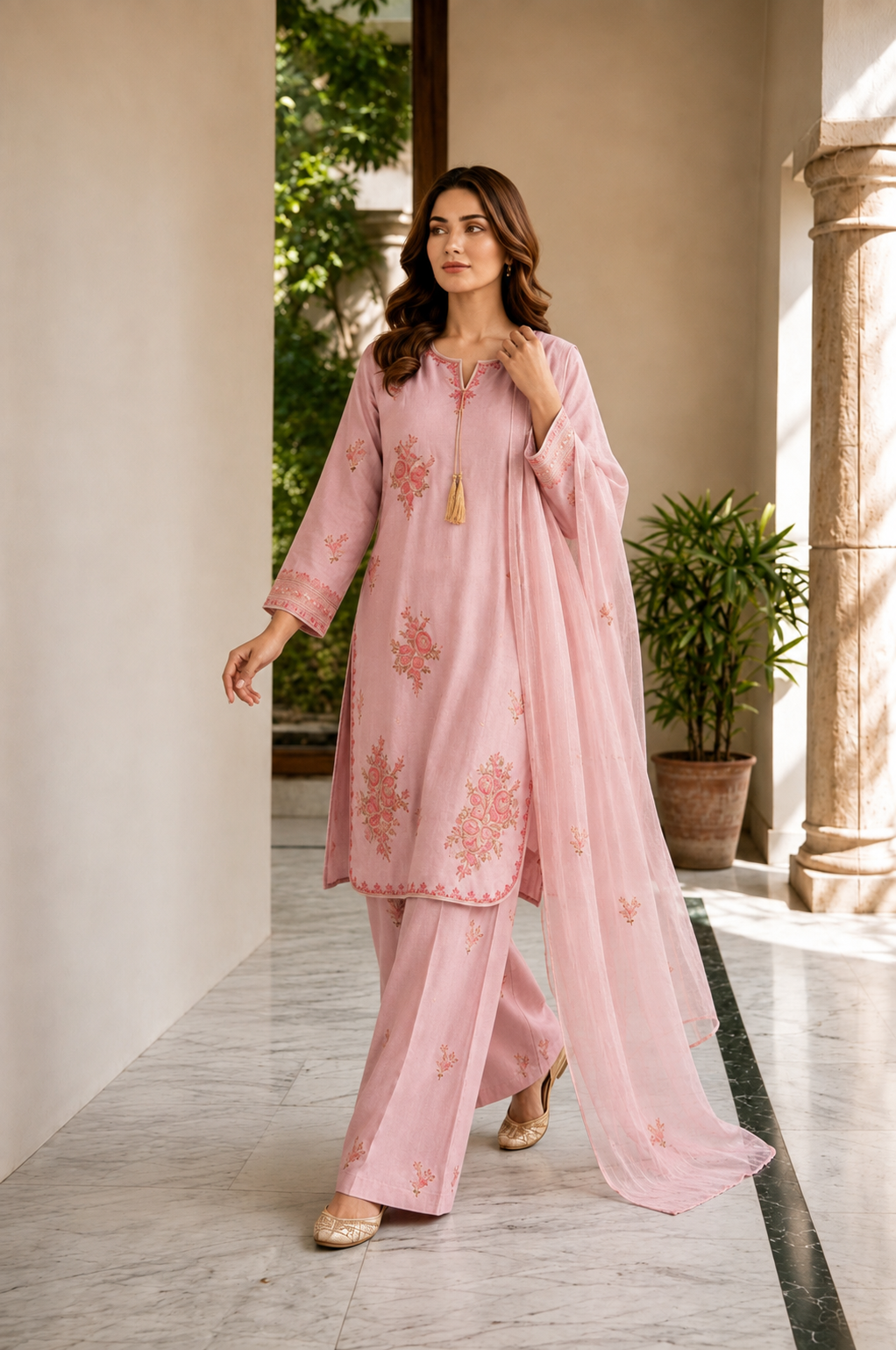 (363) Abeeha Elegant Light pink Viscose Suit – A beautifully designed rounded kameez featuring delicate gold thread floral embroidery, paired with stylish palazzo trousers and a soft bamber dupatta.