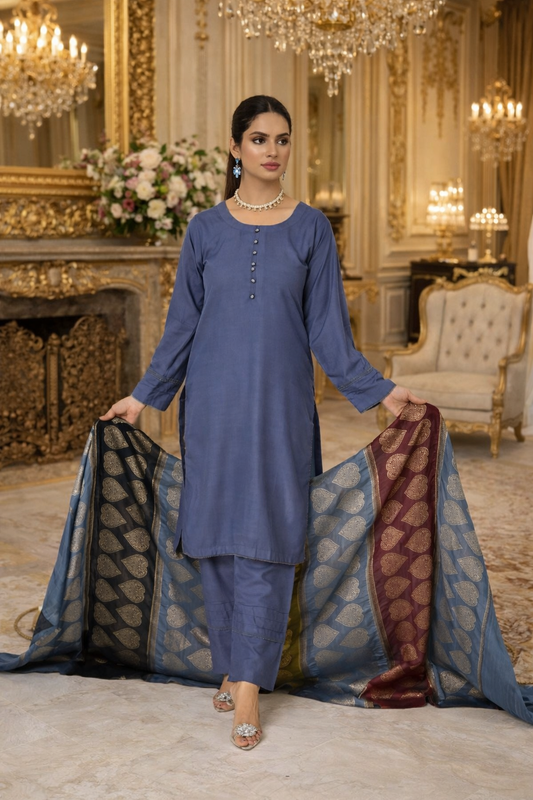 (151) Cozy Dhanak 3‑Piece Suit with Contrast Shawl – Winter Ready & Chic