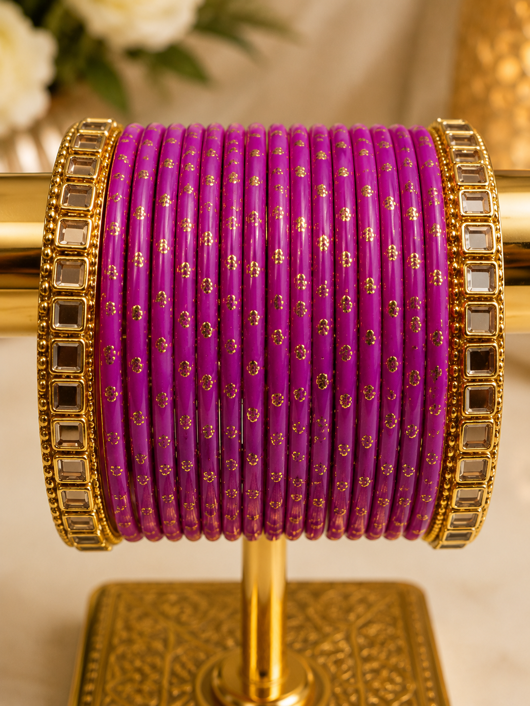 (B10) Elegant fuchsia pink bangles with delicate gold detailing and sparkling statement borders size 2.6