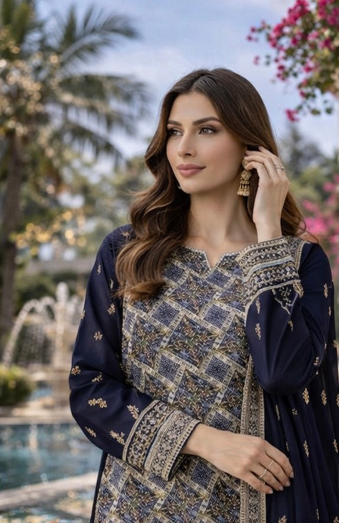 (359) Elegant navy blue fancy zari lawn suit, ready-to-wear, beautifully crafted with intricate detailing and paired with a four-sided (chaar patti) richly embroidered dupatta for a complete graceful look.