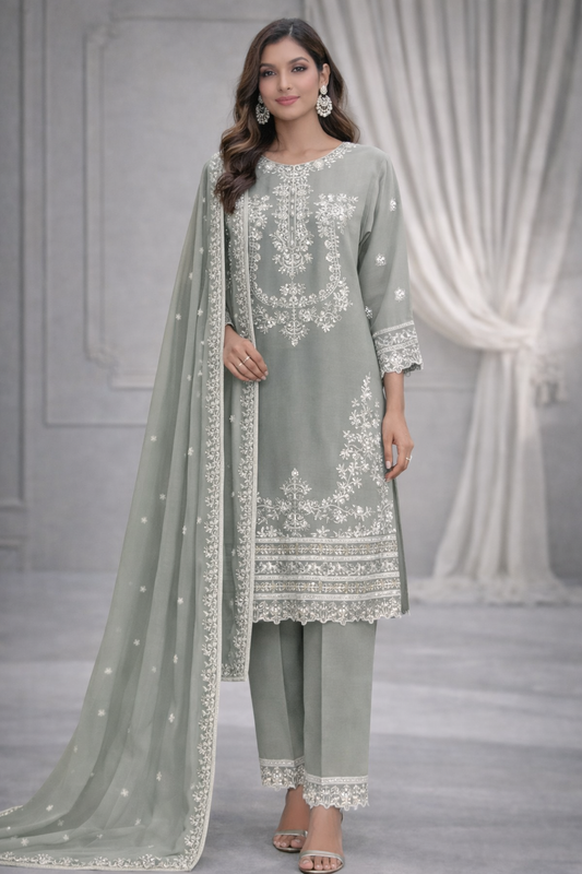 (109) Pakistani Grey Chiffon Embroidered Outfit with Diamonte Detailing Chiffon Dupatta and Straight Trousers Ready to Wear