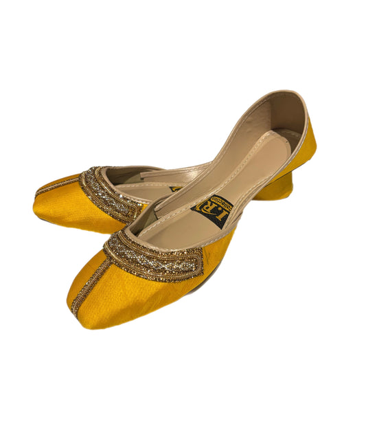 (S4) Handmade Satin Khusa – Gold Embroidered Punjabi Jutti with Soft Foam Comfort