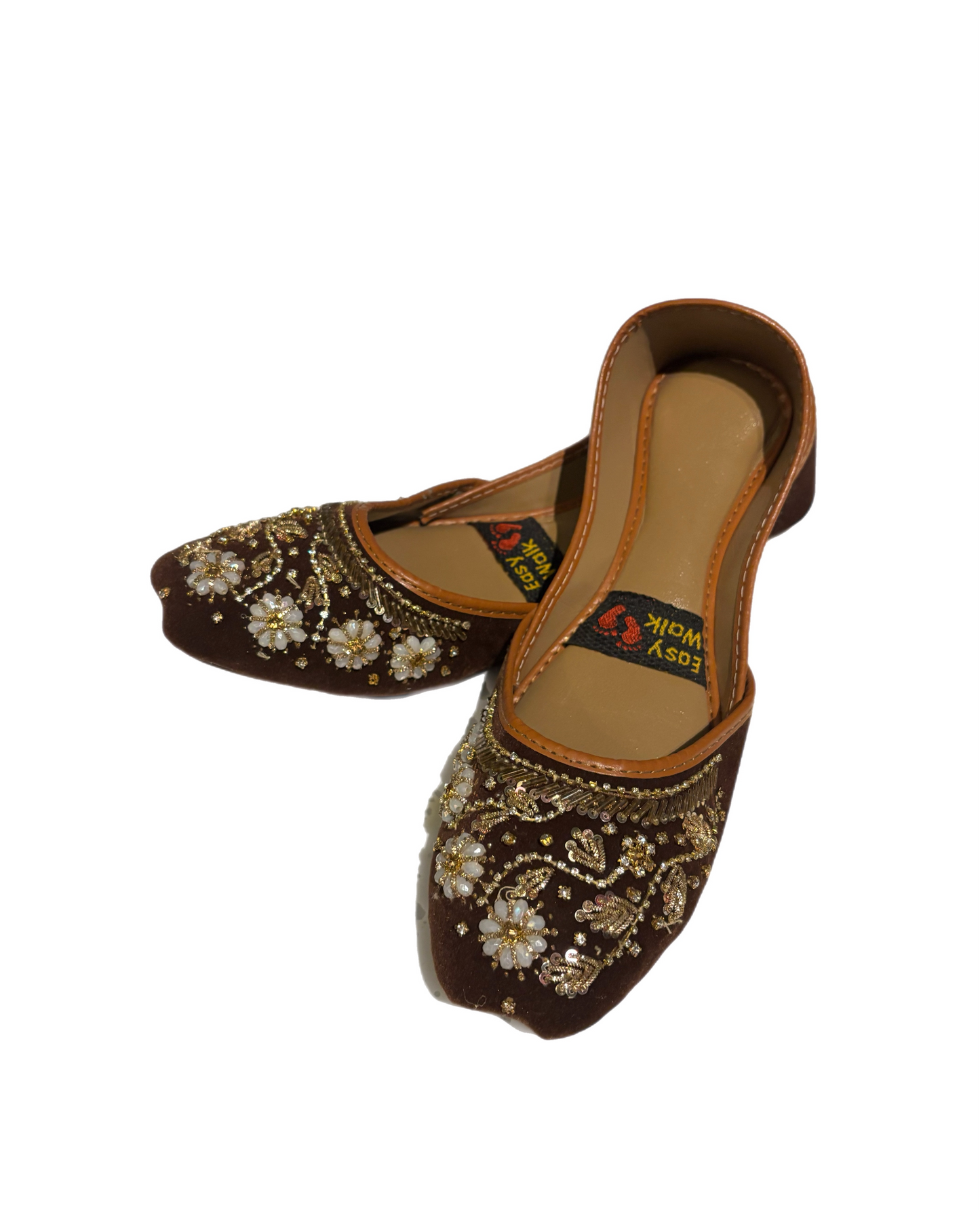(S6) Handmade Suede Brown Khussa – Gold Embroidered Punjabi Jutti with Soft Foam & Non-Slip Sole
