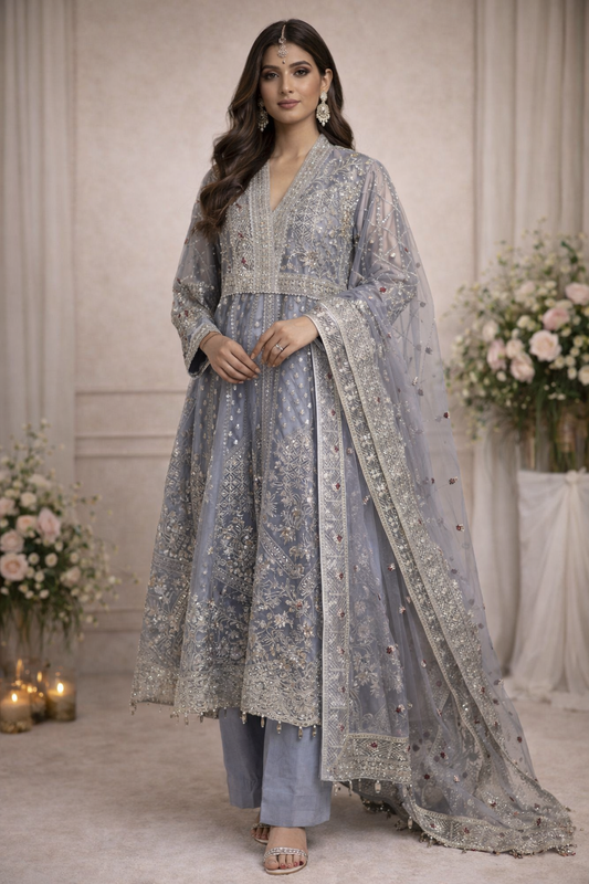 (260) Aadnan Libas–inspired organza long Anarkali dress with sequin, thread, and pearl embroidery, paired with a matching organza dupatta – ready to wear.