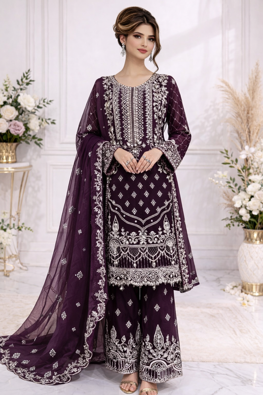 (51) Ramsha Chiffon plum Embellished Palazzo Set – Elegant Luxe Look