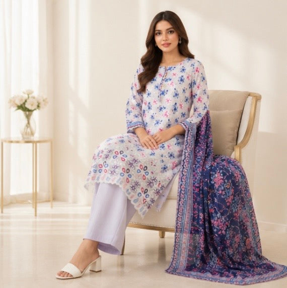 (141) Tawakkal Lawn Suit | Floral Print & Embroidered Dupatta